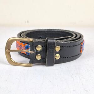 Vintage ZINJ Black Leather Belt Beaded Aztec Pattern 46" Long 1.25" Wide Orange